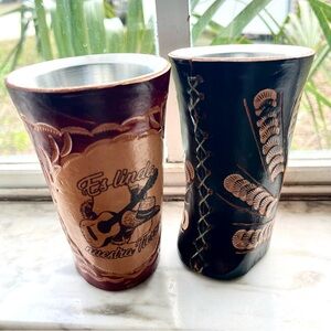 Mexican Hand Tooled Leather Cups Pair Set Black & Red